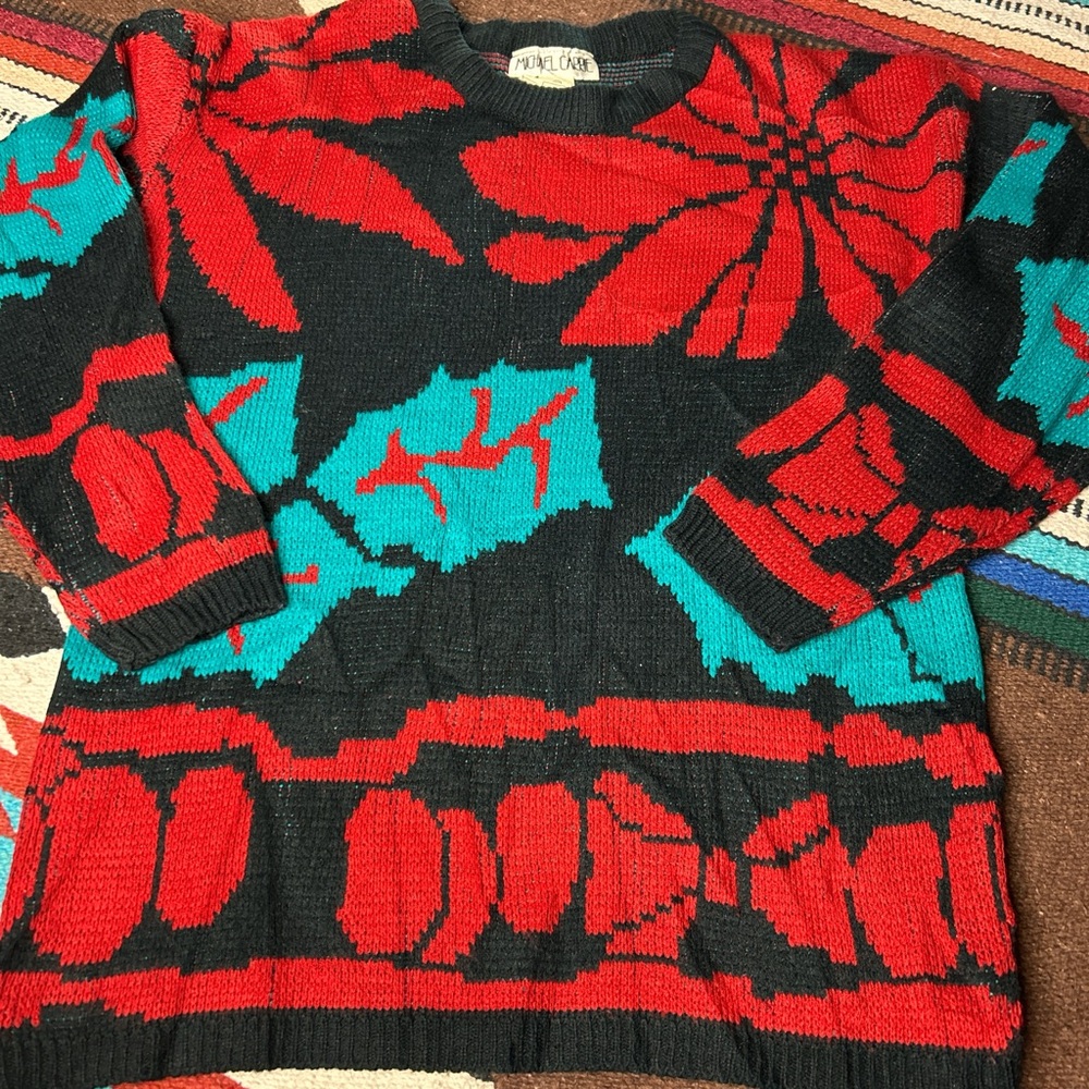 Floral Patterned 80’s 90’s Sweater - Red, teal and Black EUC